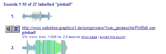 screenshot of FindSounds search result for Pinball