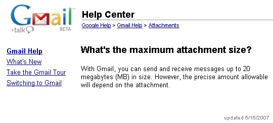 Gmail Help Center - Maximum attachment size 20 MB