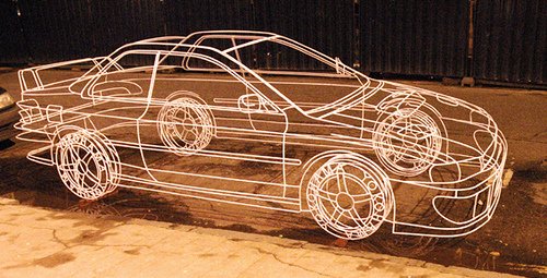 Wire frame sculpture of a Subaru Impreza