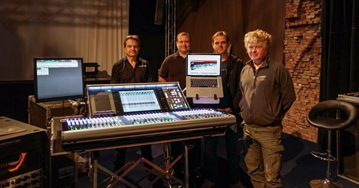 Tim Harrison (SSL Sales Manager), Richard Wand (SSL Service Engineer), Glenn Willems (FACE Account Manager Audio), and Hugues Rogie, (FACE Account Manager Audio)