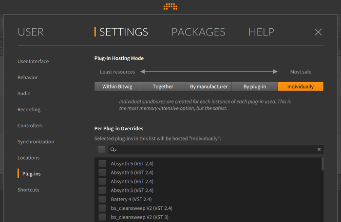 Bitwig Studio 2.5 Plugin Settings