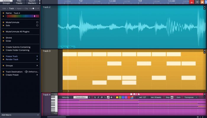 Tracktion Waveform10 actions panel