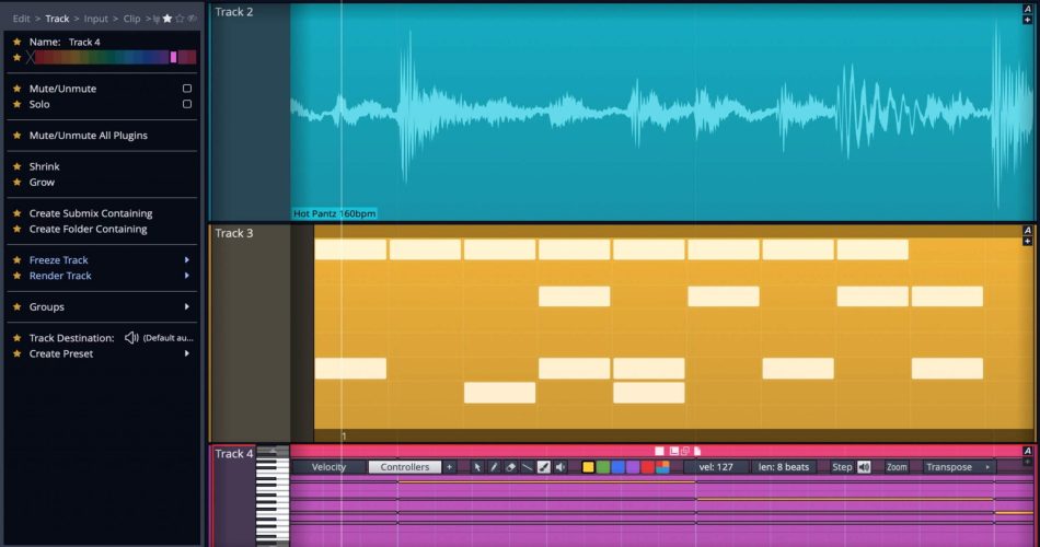 Tracktion Waveform10 actions panel