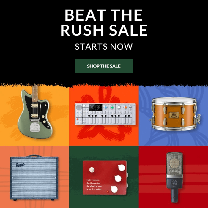 Turn up the volume with 1,000s of deals at Reverb's Beat The Rush Sale