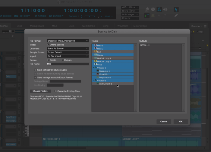 MOTU DP10 bounce to disk