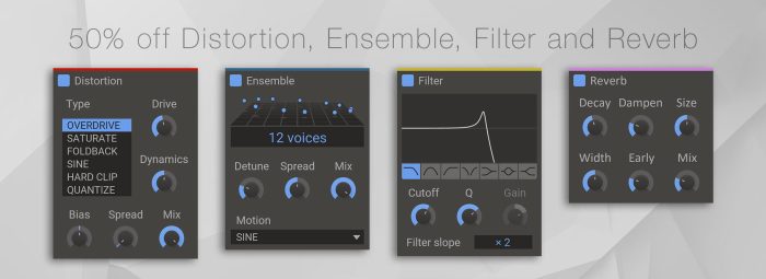 Kilohearts Distortion, Ensemble, Filter and Reverb