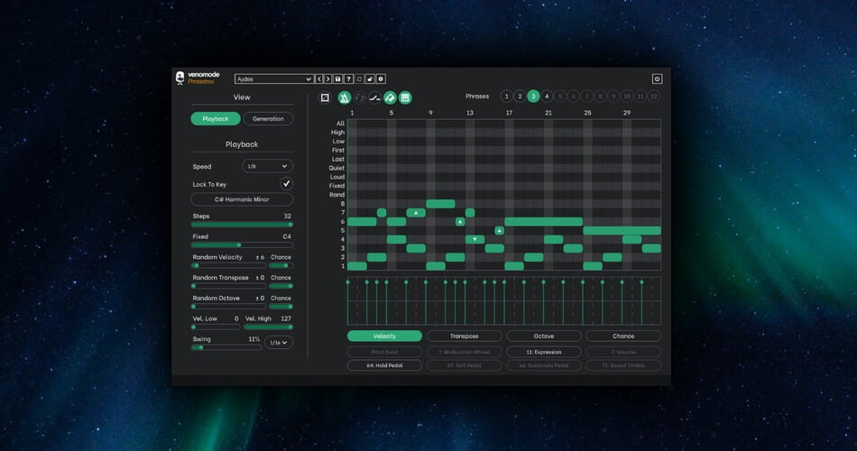 Venomode updates Phrasebox MIDI phrase arpeggiator plugin to v1.2.3