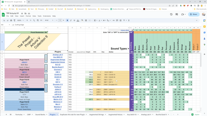 Paul Compton Arturia Google Sheet