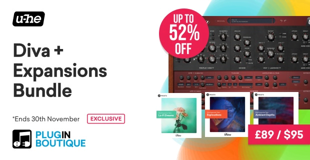 u-he Diva virtual analog synthesizer + 3 Expansions on sale for $95 USD