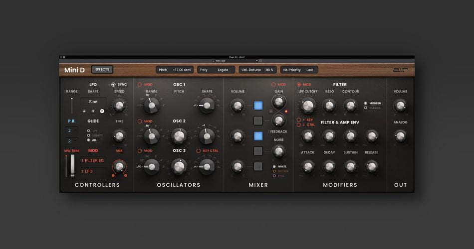 Mini D synthesizer plugin by AIR Music on sale for $29.99 USD