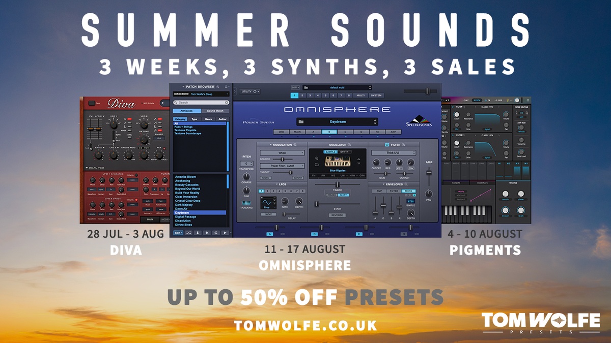 Tom Wolfe Summer Sounds Sale: Save on presets for Diva, Omnisphere & Pigments