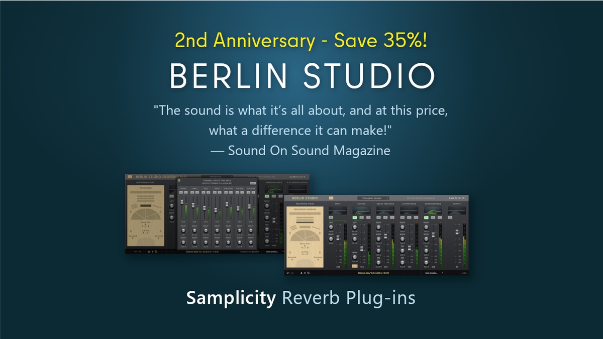 Samplicity Berlin Studio 2nd Anniversary Sale: Save 35% on reverb plugin