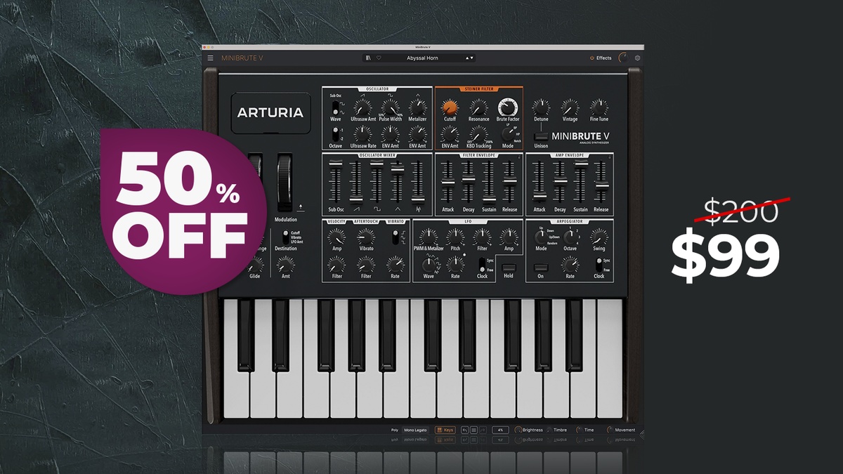 Minibrute V software synthesizer by Arturia on sale for $99 USD