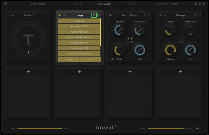 Baby Audio Transit 2 preset menu