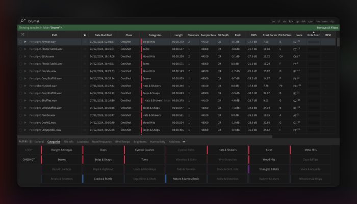 Sononym sample list and filter panel